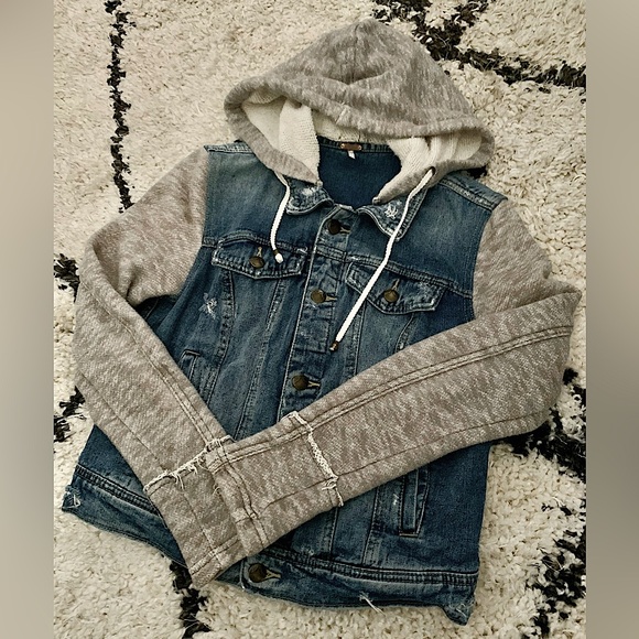 Free People Distressed Denim Knit Hoodie Jean Jacket Small - Picture 5 of 11